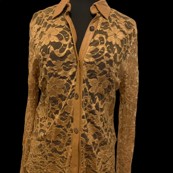 B&J Lace Blouse with Genuine Leather Trim - Picture 3 of 16